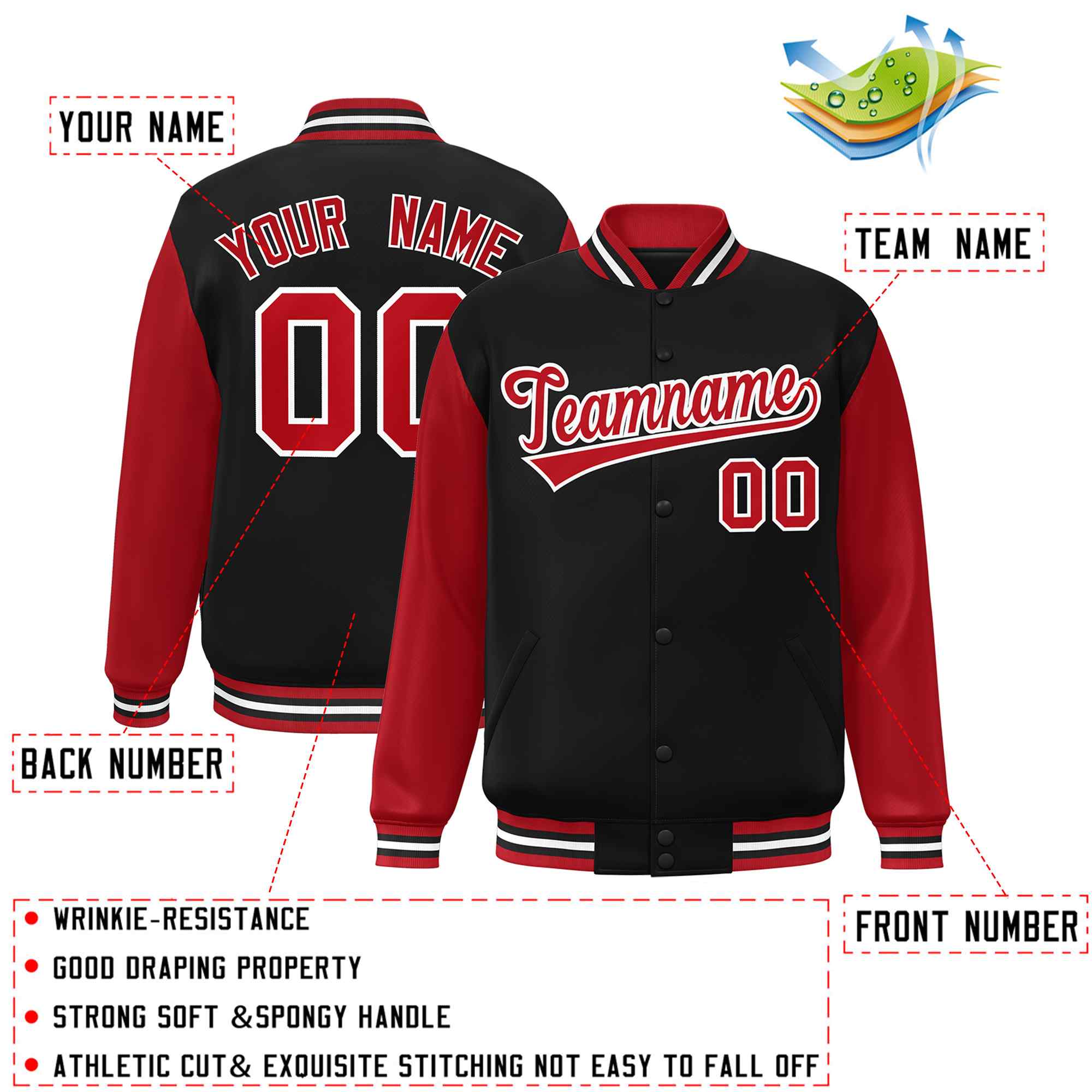 Custom Black Red-White Raglan Sleeves Varsity Full-Snap Letterman Jacket