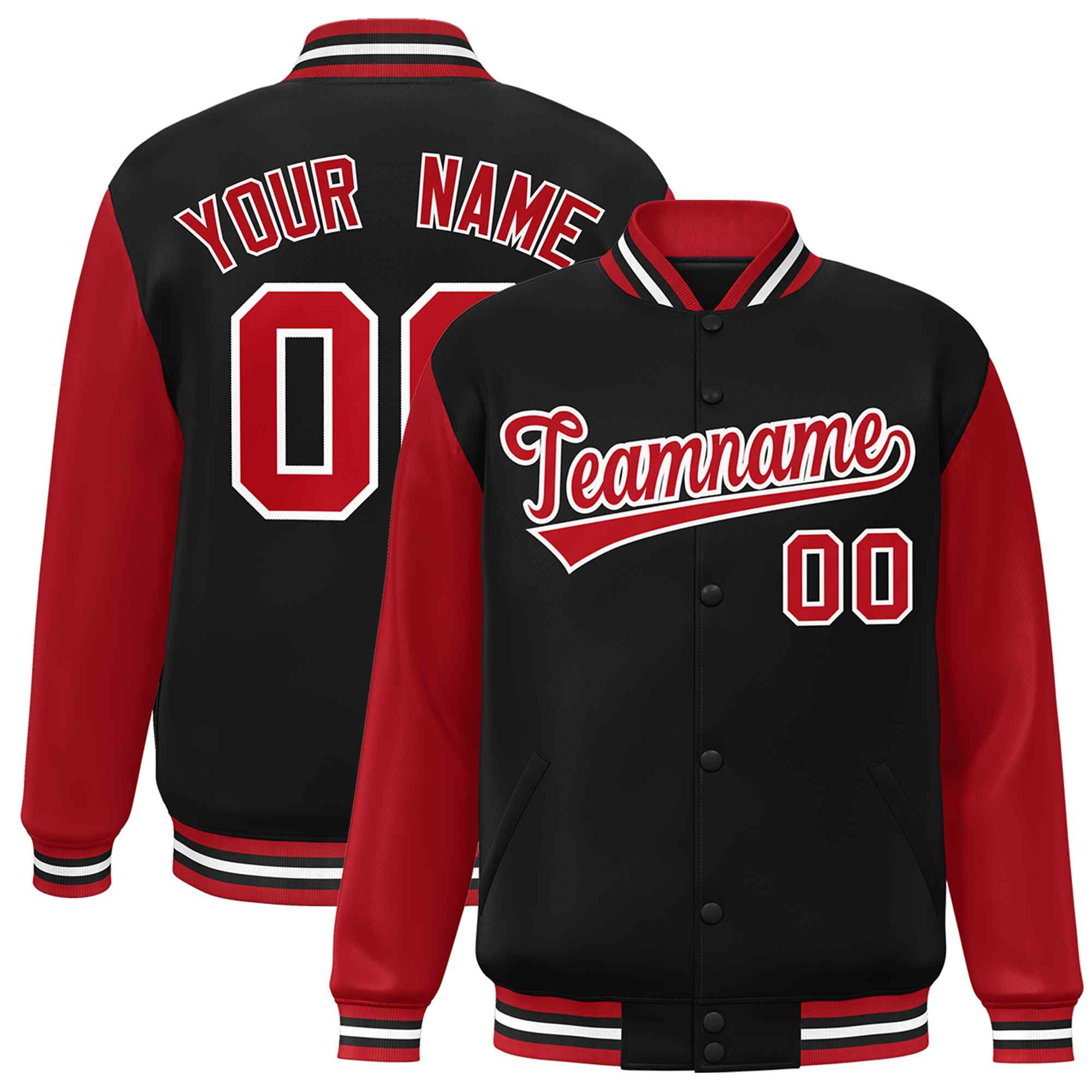 Custom Black Red-White Raglan Sleeves Varsity Full-Snap Letterman Jacket