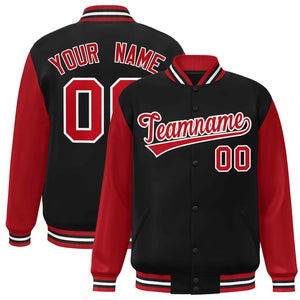 Veste Letterman Varsity Full-Snap à manches raglan personnalisées noir rouge-blanc