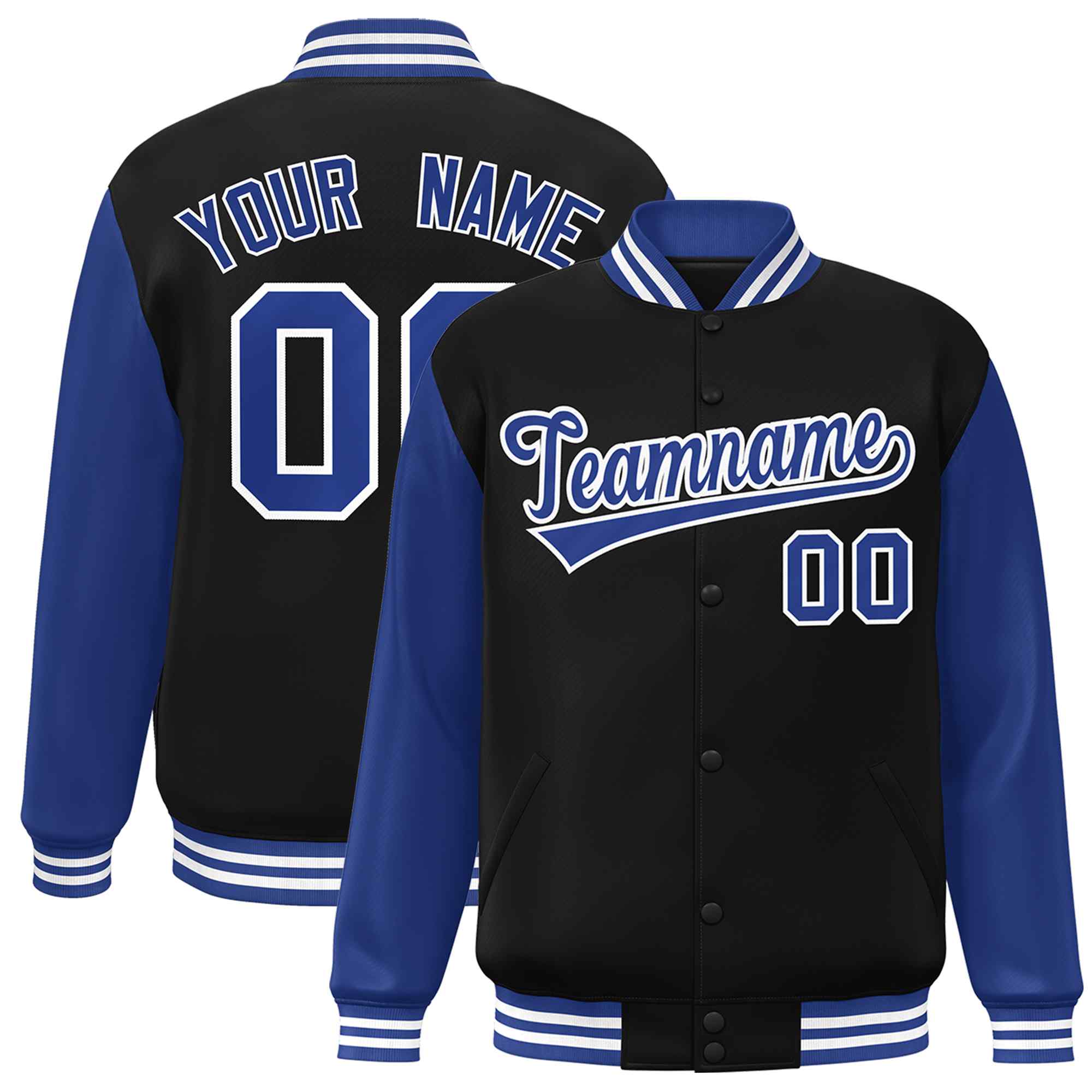 Custom Black Royal-White Raglan Sleeves Varsity Full-Snap Letterman Jacket