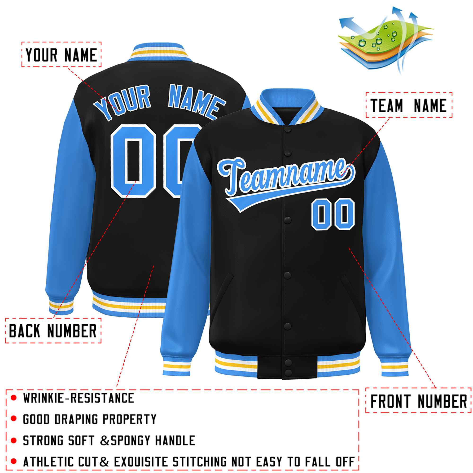 Custom Black Powder Blue-White Raglan Sleeves Varsity Full-Snap Letterman Jacket