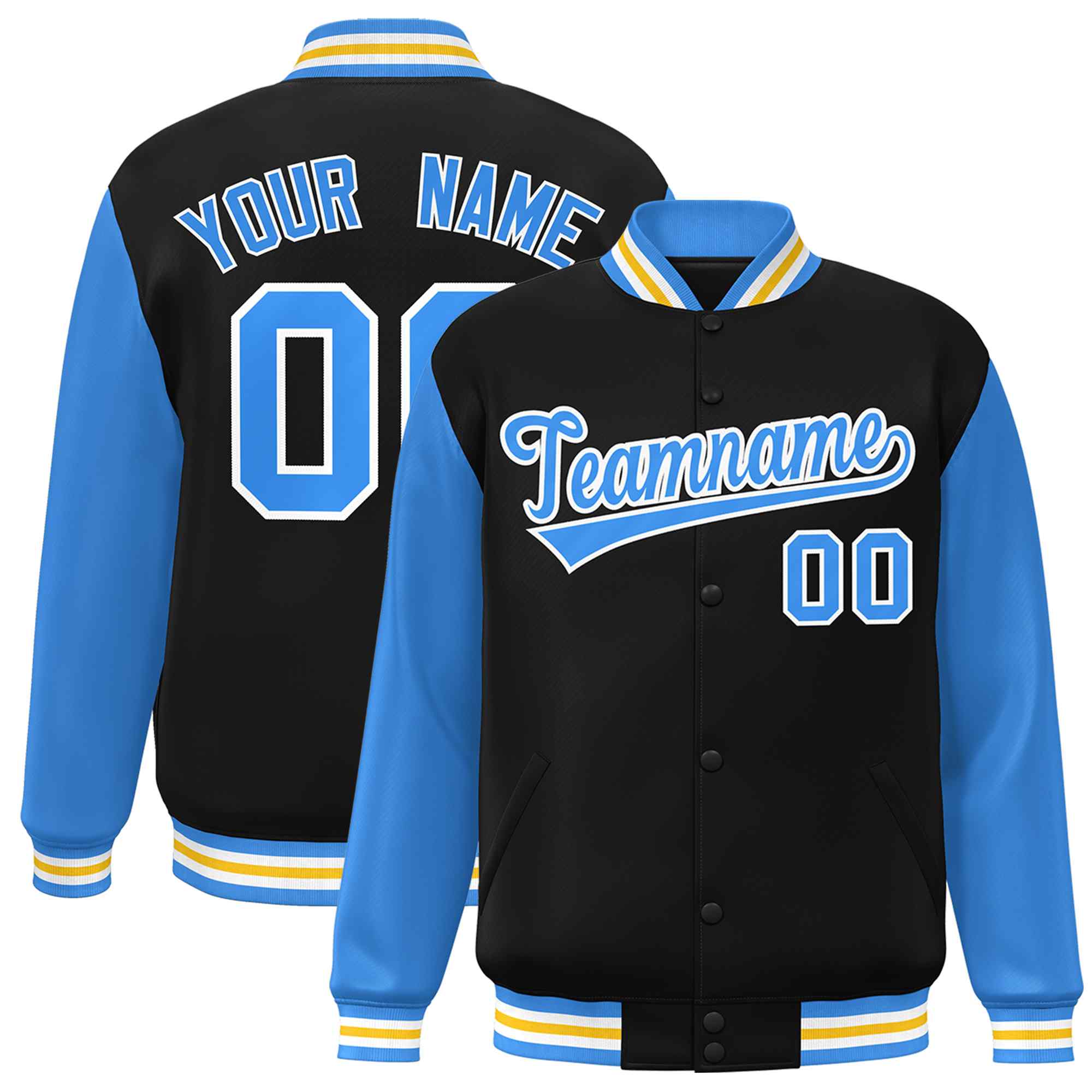 Custom Black Powder Blue-White Raglan Sleeves Varsity Full-Snap Letterman Jacket