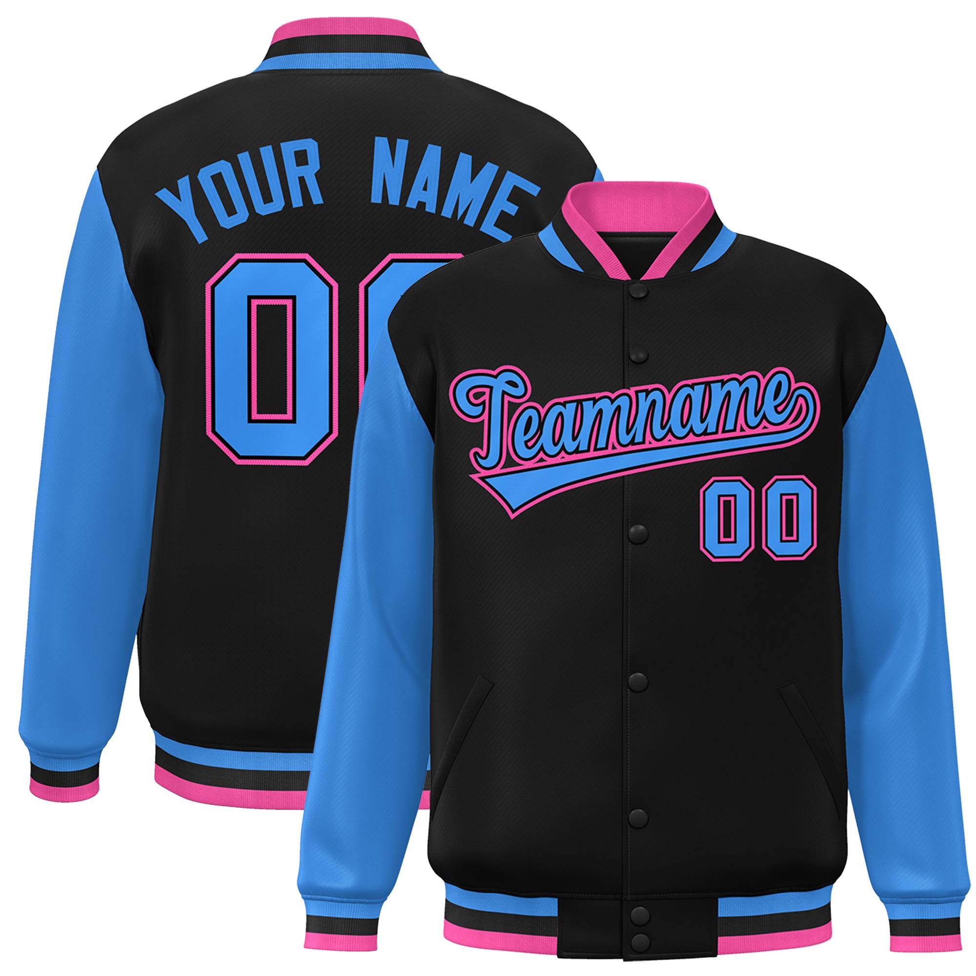 Custom Black Powder Blue-Black Raglan Sleeves Varsity Full-Snap Letterman Jacket