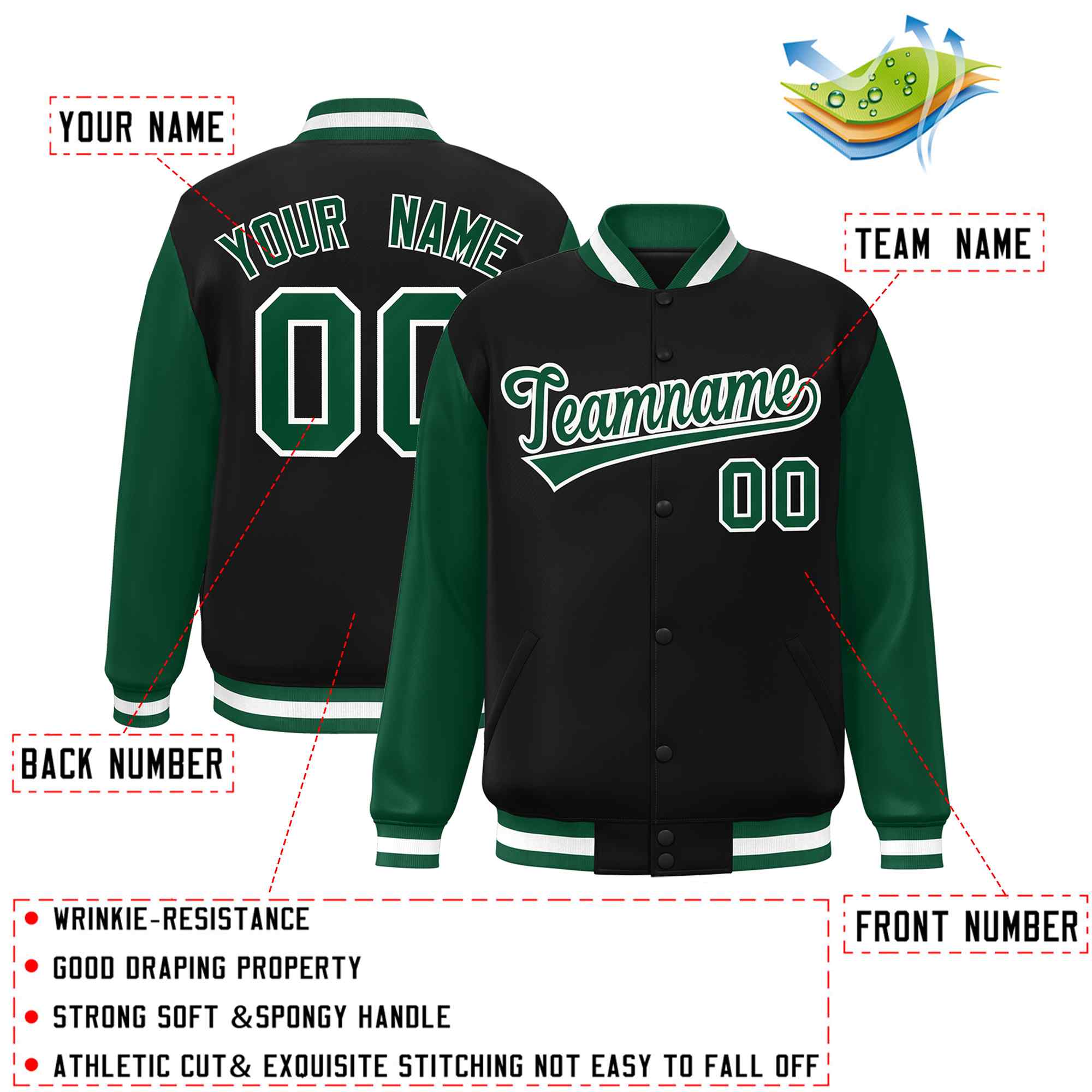 Custom Black Green-White Raglan Sleeves Varsity Full-Snap Letterman Jacket