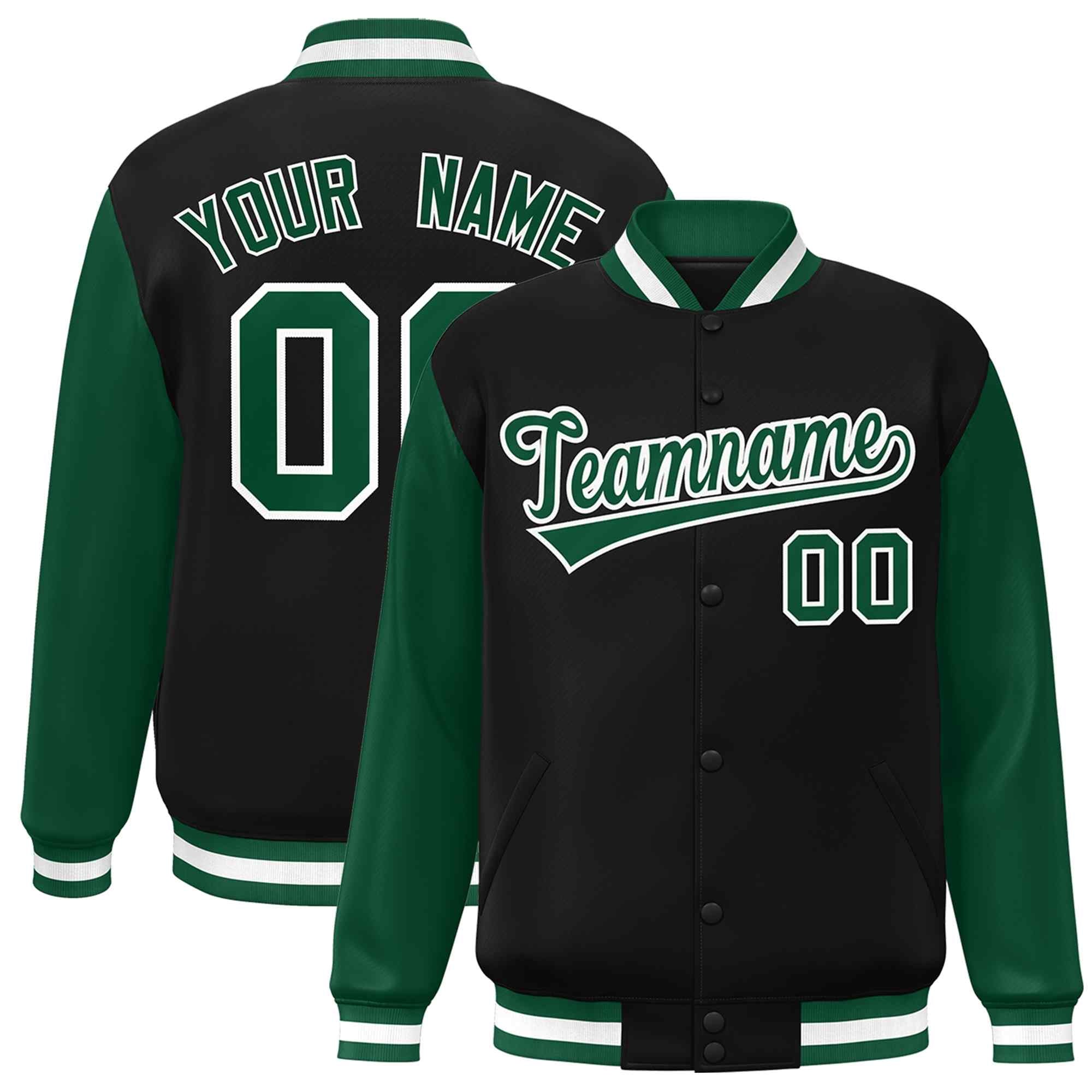 Custom Black Green-White Raglan Sleeves Varsity Full-Snap Letterman Jacket