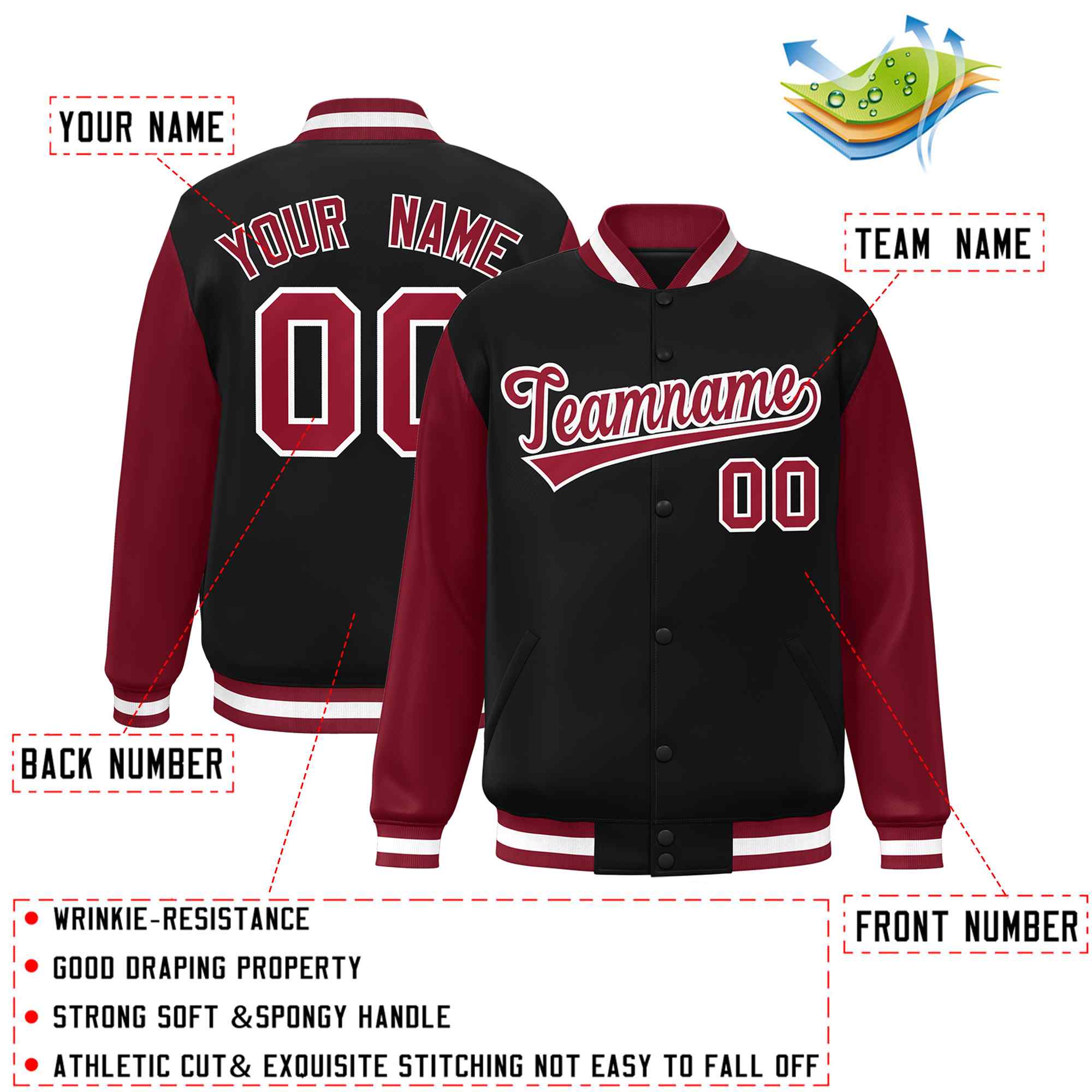 Custom Black Crimson-White Raglan Sleeves Varsity Full-Snap Letterman Jacket