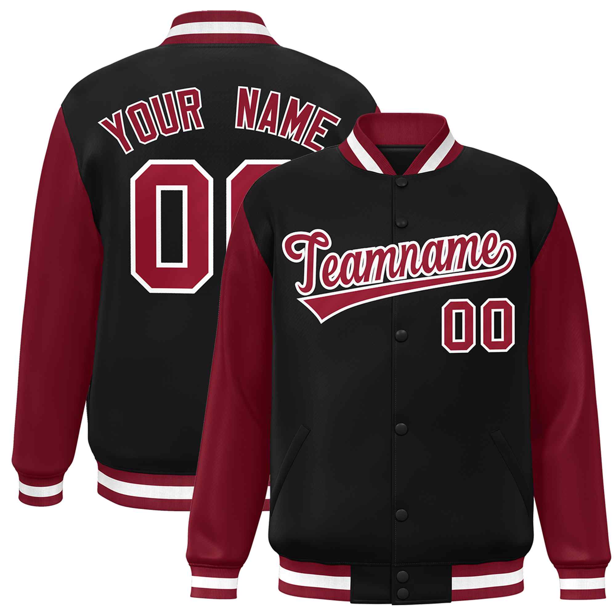 Custom Black Crimson-White Raglan Sleeves Varsity Full-Snap Letterman Jacket