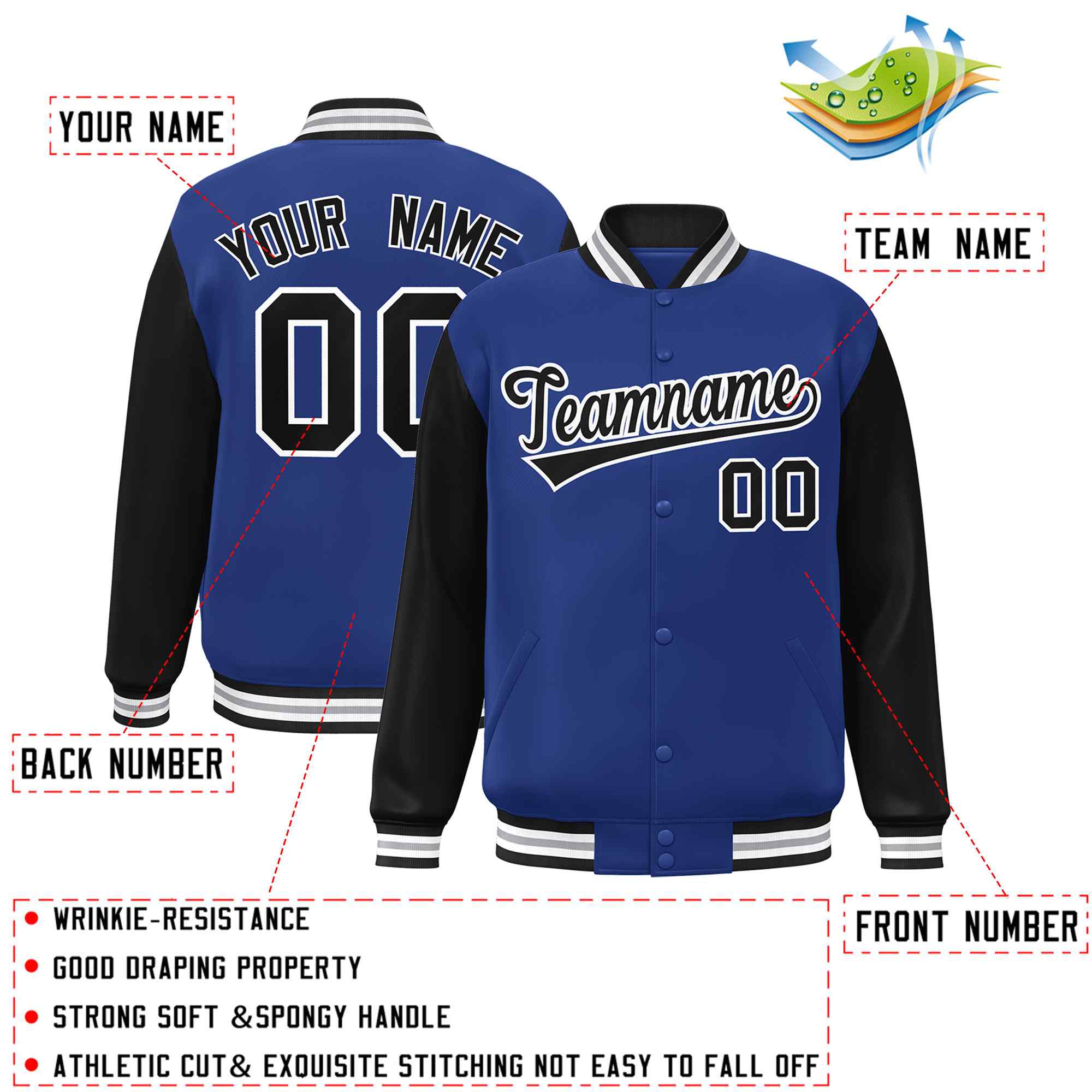 Custom Royal Black-White Raglan Sleeves Varsity Full-Snap Letterman Jacket