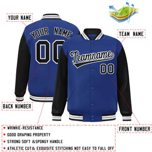 Custom Royal Black-White Raglan Sleeves Varsity Full-Snap Letterman Jacket