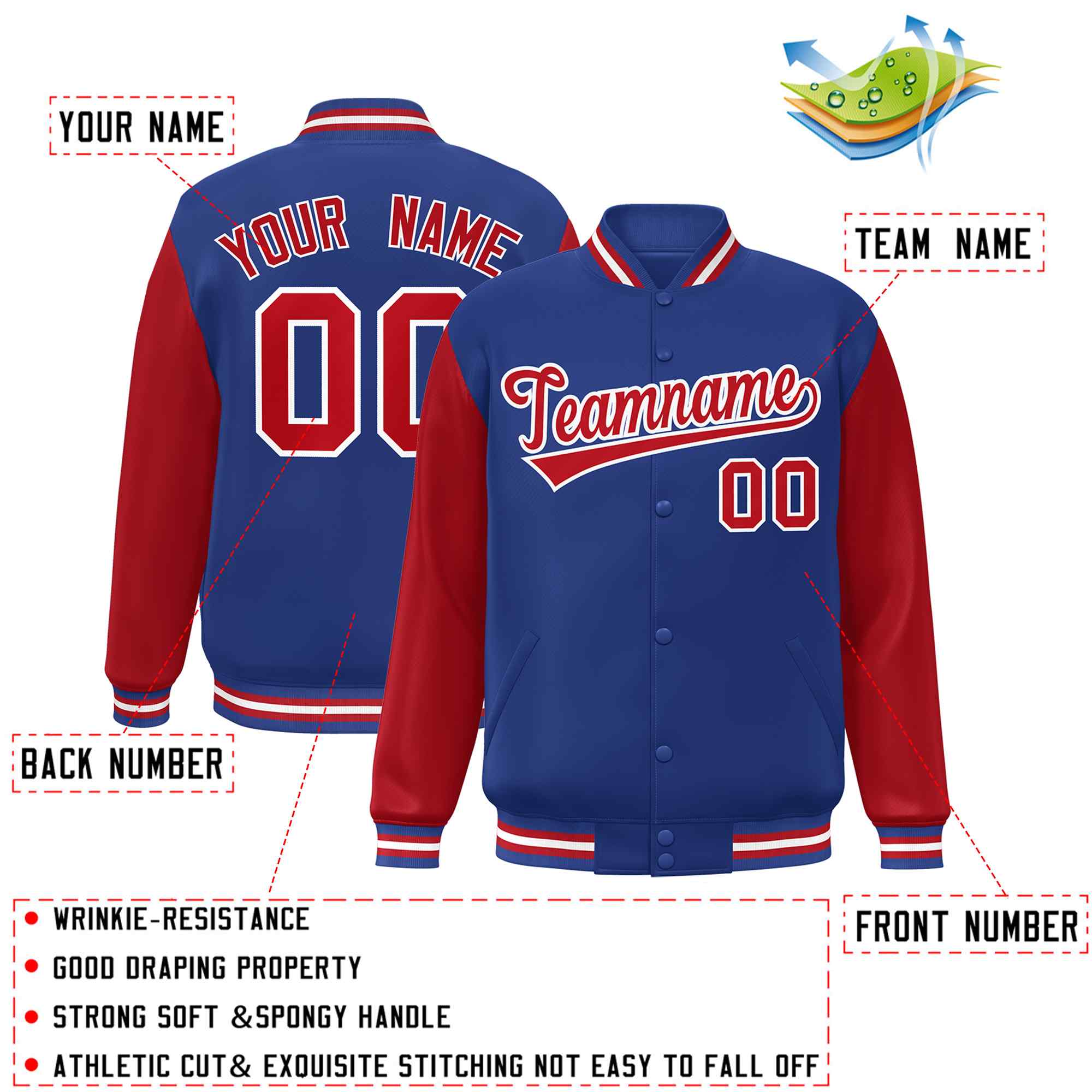 Custom Royal Red-White Raglan Sleeves Varsity Full-Snap Letterman Jacket