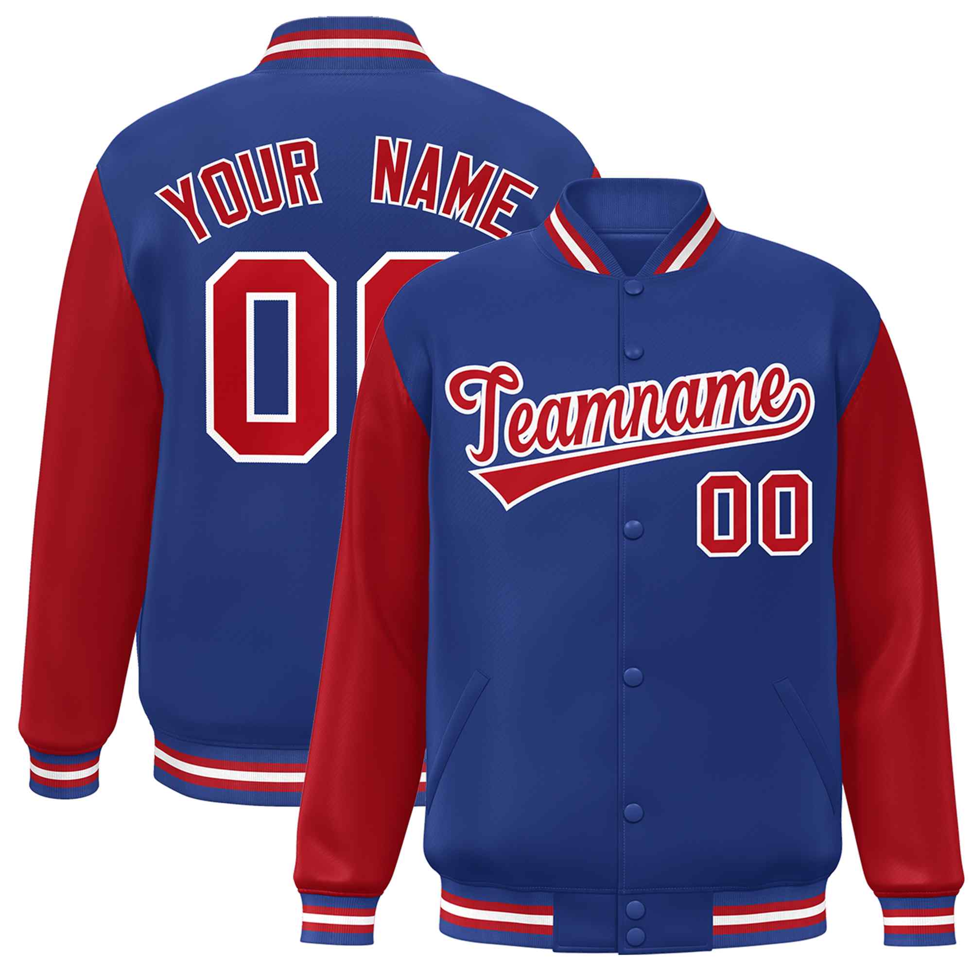 Custom Royal Red-White Raglan Sleeves Varsity Full-Snap Letterman Jacket