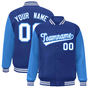 Veste Letterman Varsity Full-Snap Custom Royal White-Powder Blue à manches raglan