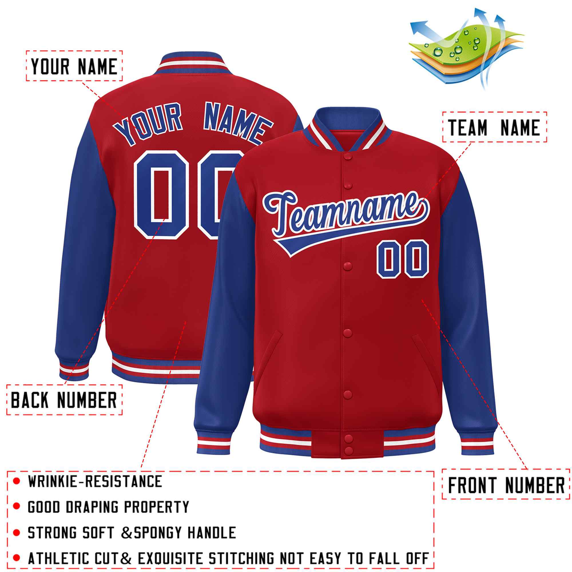 Custom Red Royal-White Raglan Sleeves Varsity Full-Snap Letterman Jacket