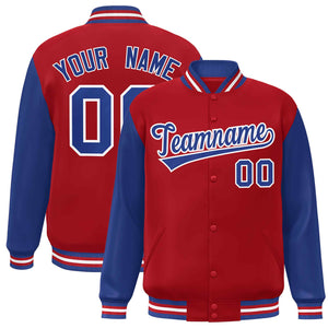 Veste Letterman Varsity Full-Snap à manches raglan rouge royal-blanc personnalisée