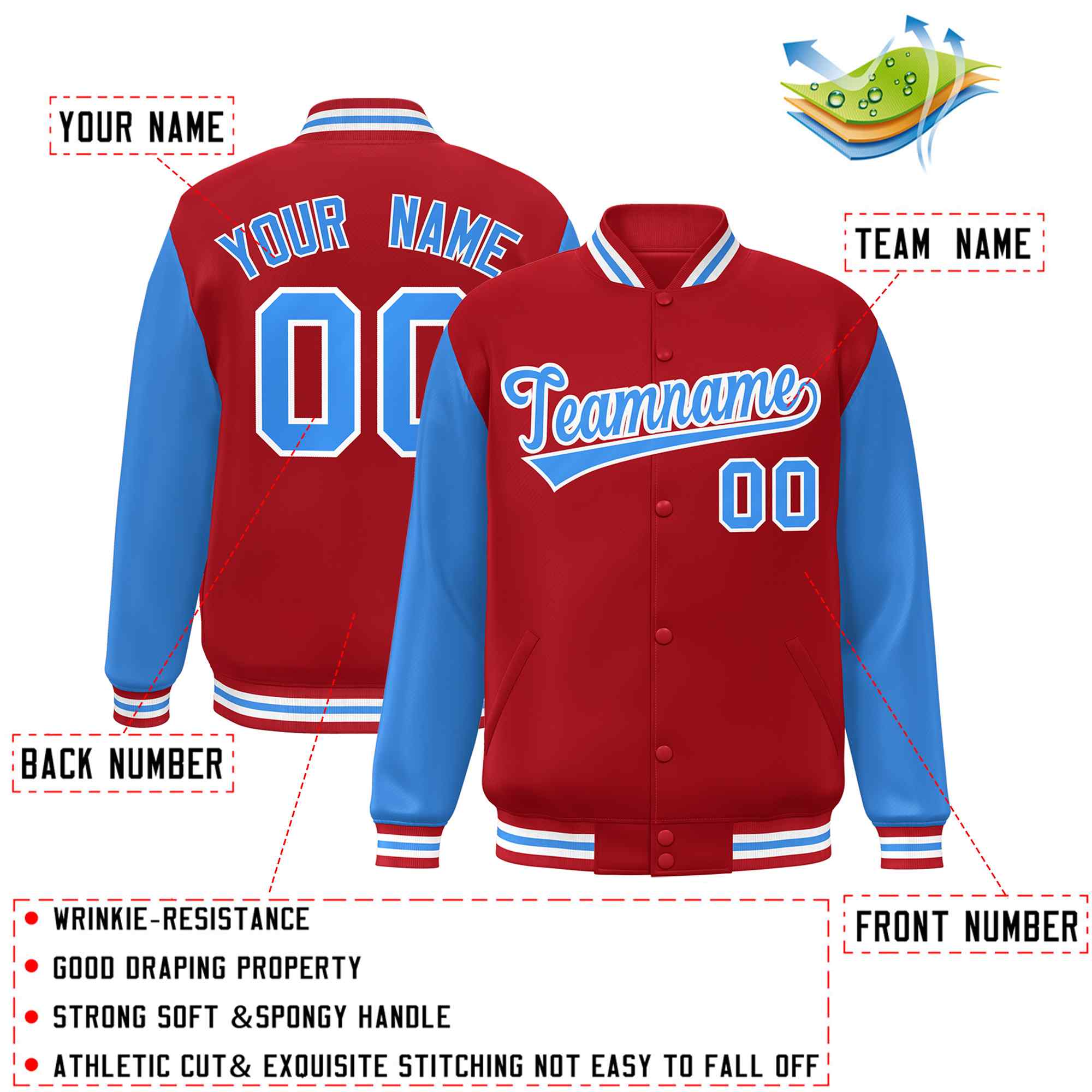 Veste Letterman Varsity Full-Snap à manches raglan bleu-blanc poudre rouge personnalisée