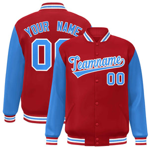 Custom Red Powder Blue-White Raglan Sleeves Varsity Full-Snap Letterman Jacket