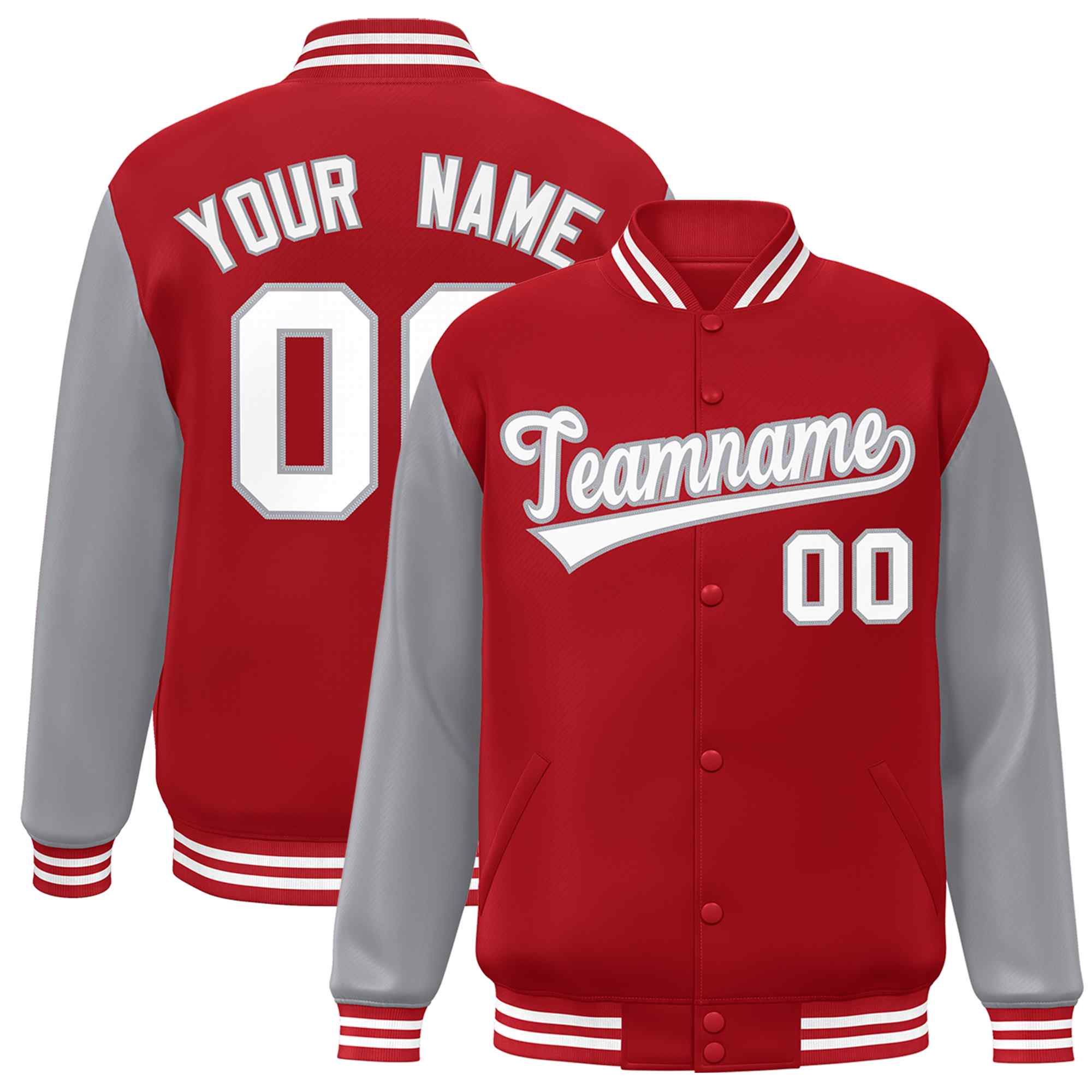 Veste Letterman Varsity Full-Snap à manches raglan rouge blanc-gris personnalisée