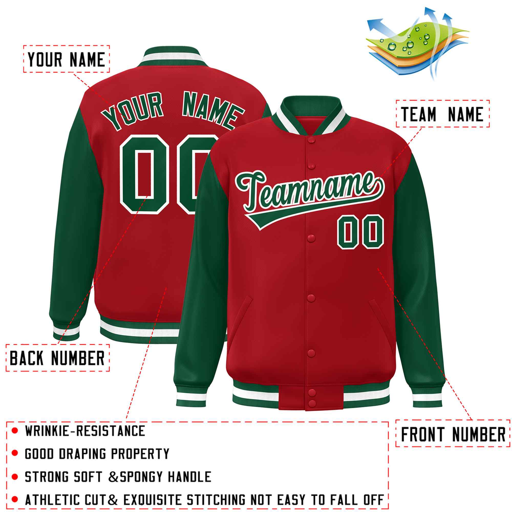 Veste Letterman Varsity Full-Snap à manches raglan personnalisées rouge vert-blanc