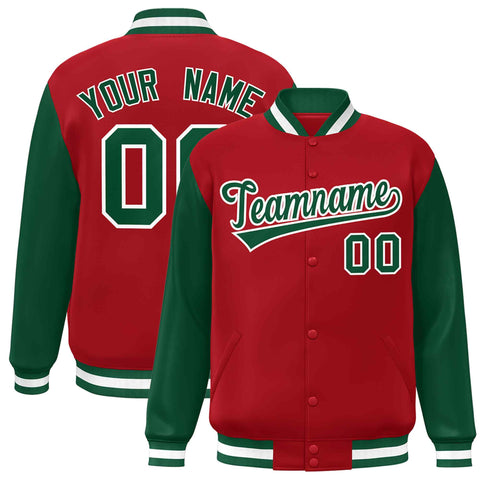 Custom Red Green-White Raglan Sleeves Varsity Full-Snap Letterman Jacket