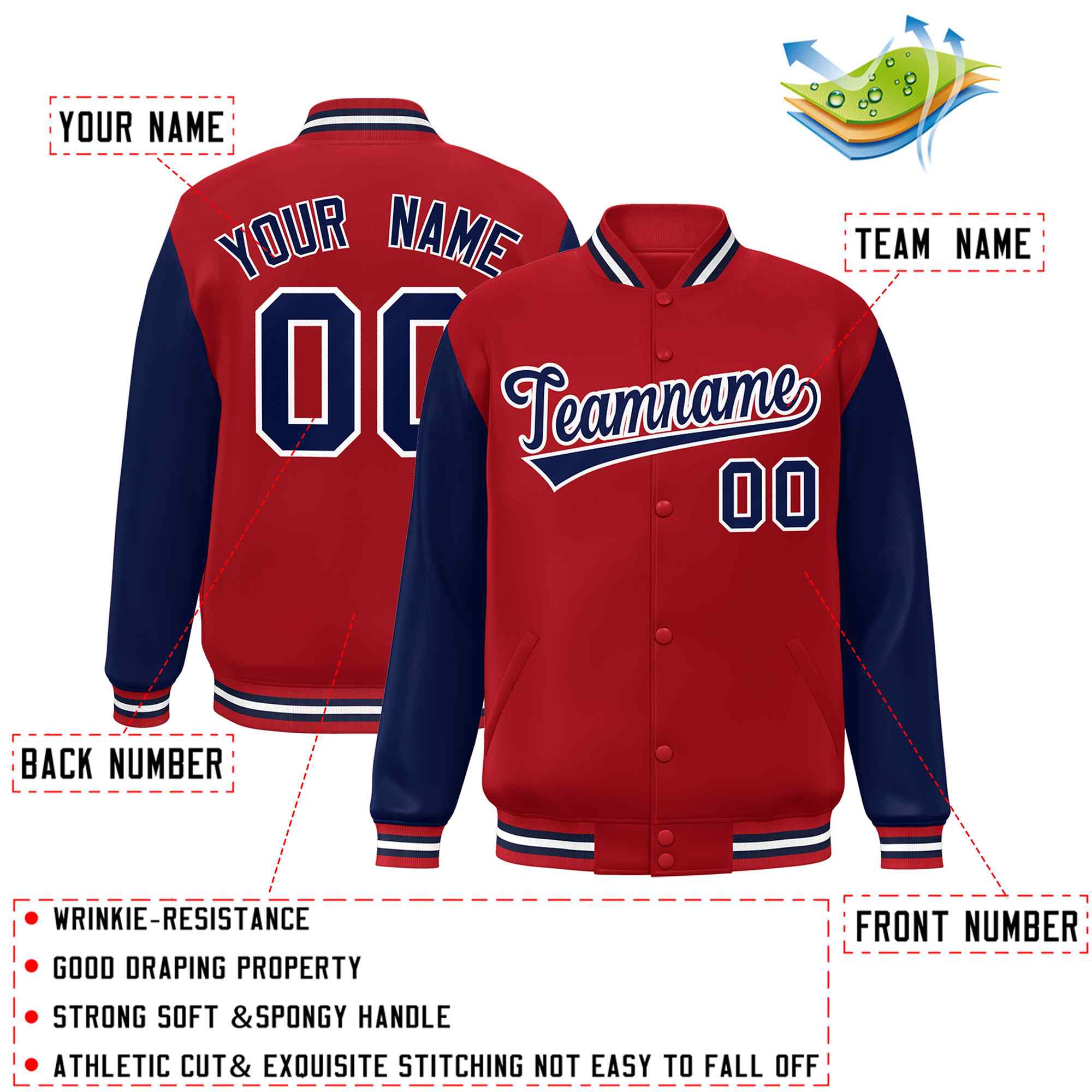 Veste Letterman Varsity Full-Snap à manches raglan rouge marine-blanc personnalisée