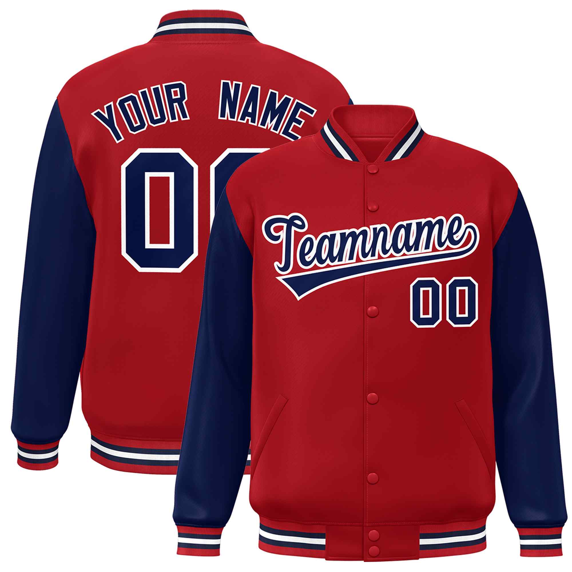 Custom Red Navy-White Raglan Sleeves Varsity Full-Snap Letterman Jacket