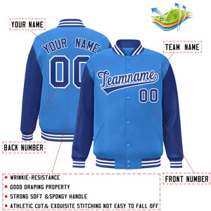 Custom Powder Blue Royal-White Raglan Sleeves Varsity Full-Snap Letterman Jacket