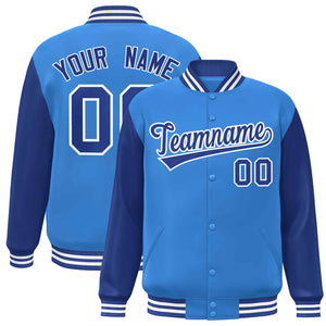 Custom Powder Blue Royal-White Raglan Sleeves Varsity Full-Snap Letterman Jacket