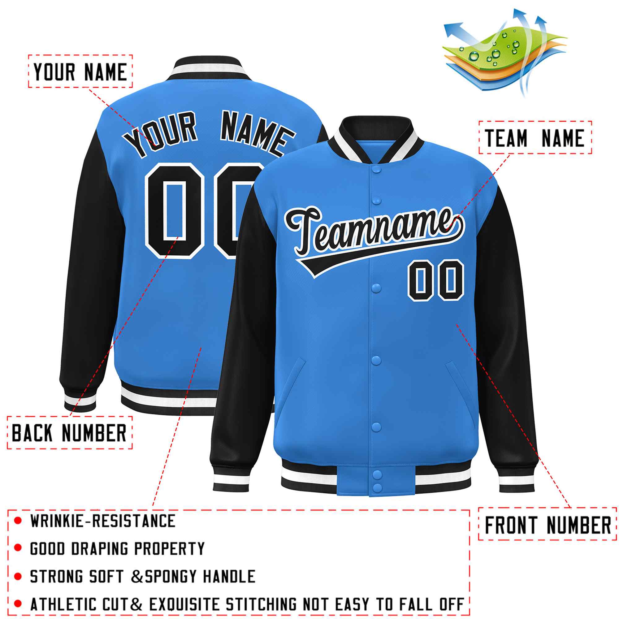 Custom Powder Blue Black-White Raglan Sleeves Varsity Full-Snap Letterman Jacket