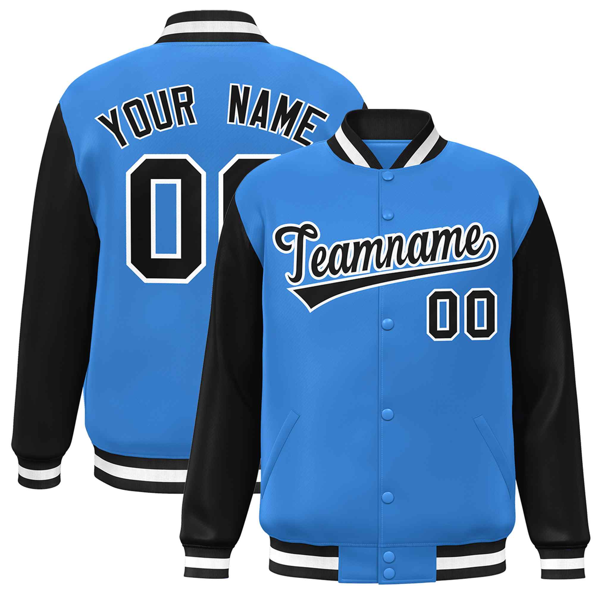 Custom Powder Blue Black-White Raglan Sleeves Varsity Full-Snap Letterman Jacket