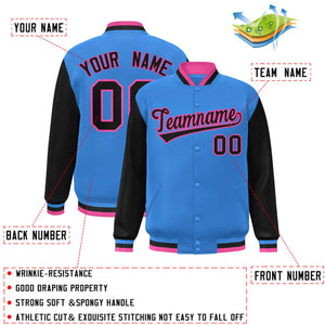 Veste Letterman Varsity Full-Snap à manches raglan bleu poudre personnalisée noir-rose