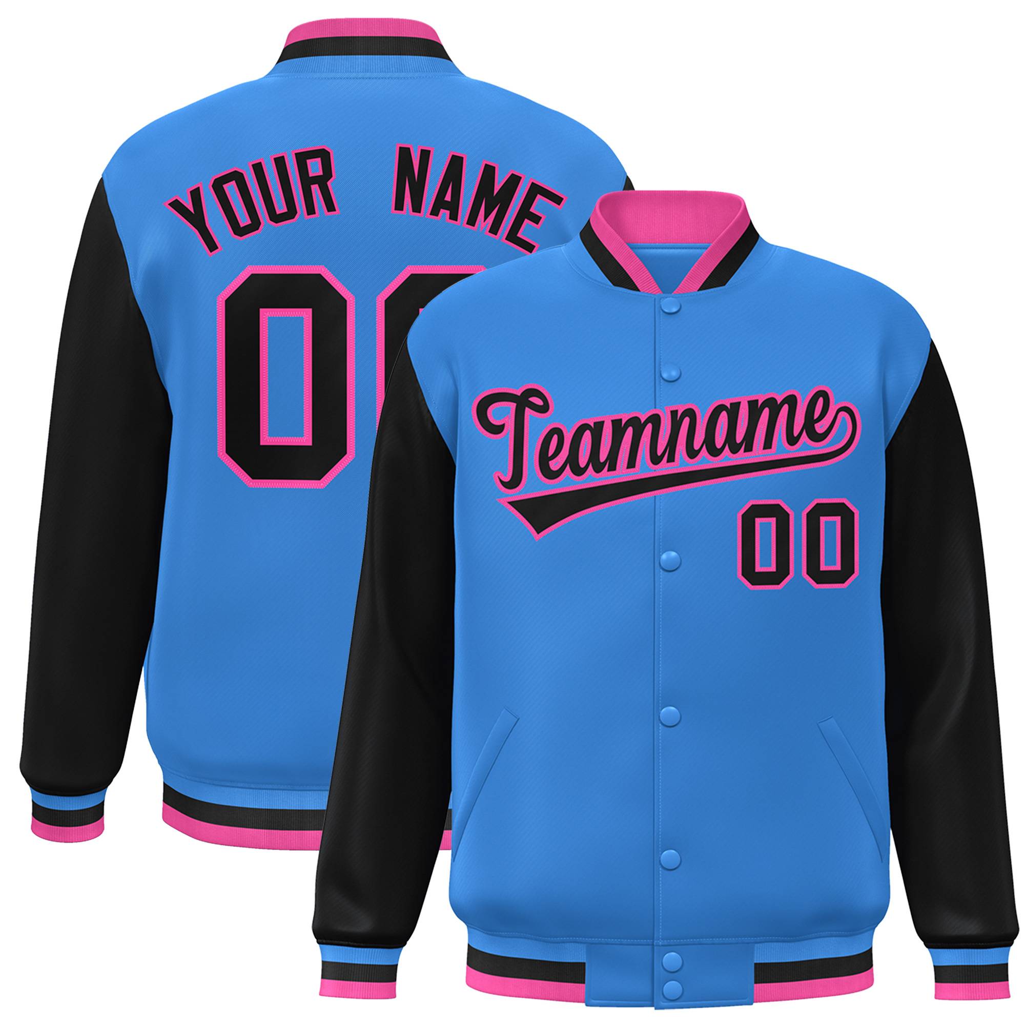 Custom Powder Blue Black-Pink Raglan Sleeves Varsity Full-Snap Letterman Jacket