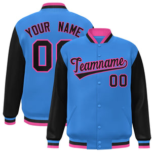 Veste Letterman Varsity Full-Snap à manches raglan bleu poudre personnalisée noir-rose