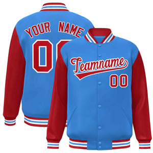 Veste Letterman Varsity Full-Snap à manches raglan personnalisées bleu poudre rouge-blanc