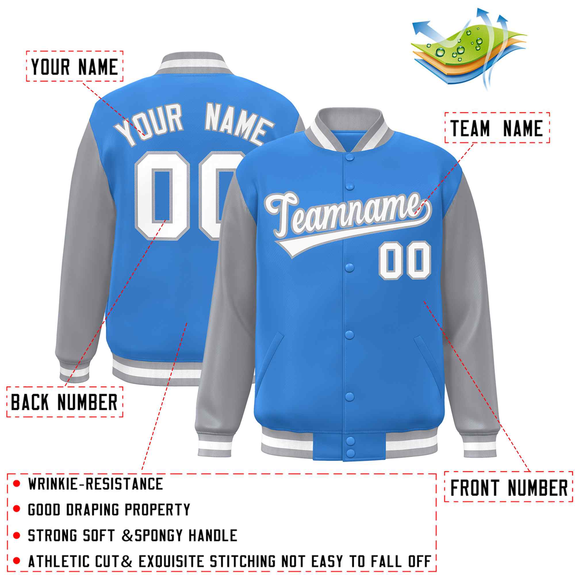 Custom Powder Blue White-Gray Raglan Sleeves Varsity Full-Snap Letterman Jacket