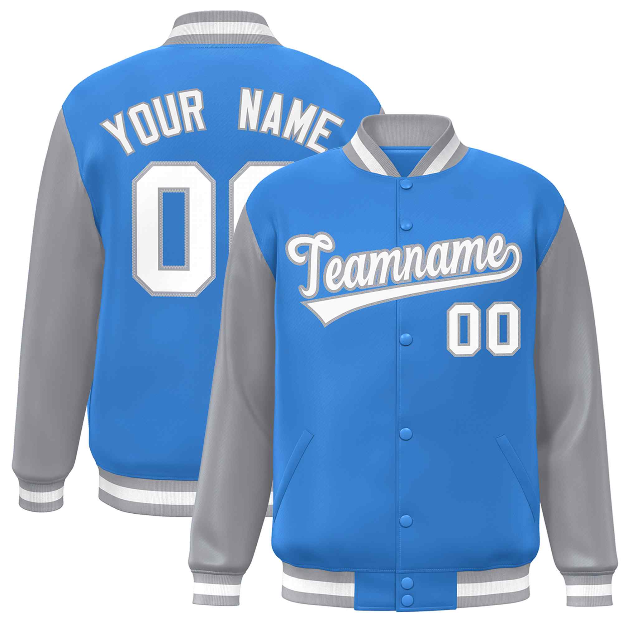 Veste Letterman Varsity Full-Snap à manches raglan bleu poudre blanc-gris personnalisée