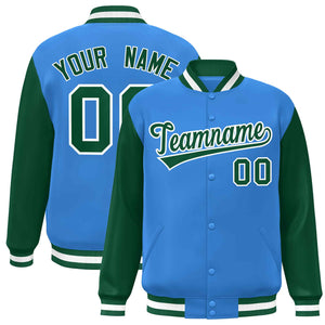 Custom Powder Blue Green-White Raglan Sleeves Varsity Full-Snap Letterman Jacket