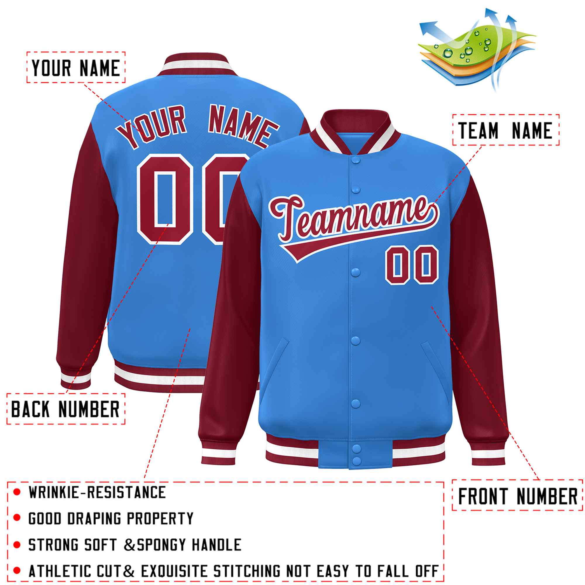 Custom Powder Blue Crimson-White Raglan Sleeves Varsity Full-Snap Letterman Jacket