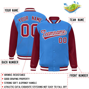 Custom Powder Blue Crimson-White Raglan Sleeves Varsity Full-Snap Letterman Jacket