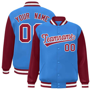 Custom Powder Blue Crimson-White Raglan Sleeves Varsity Full-Snap Letterman Jacket