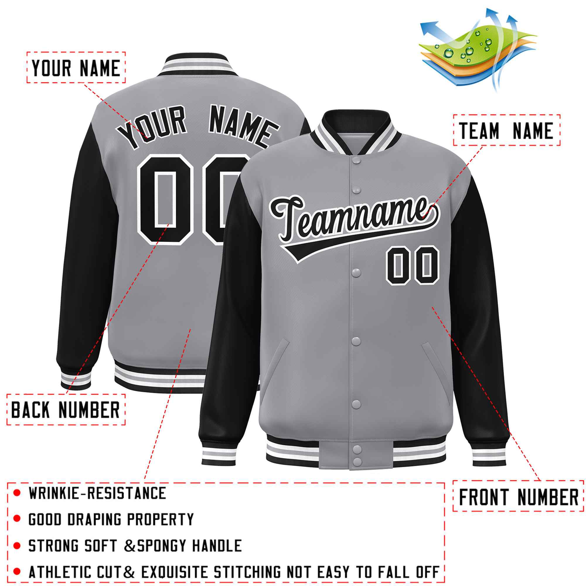 Veste Letterman Varsity Full-Snap à manches raglan gris noir-blanc personnalisée