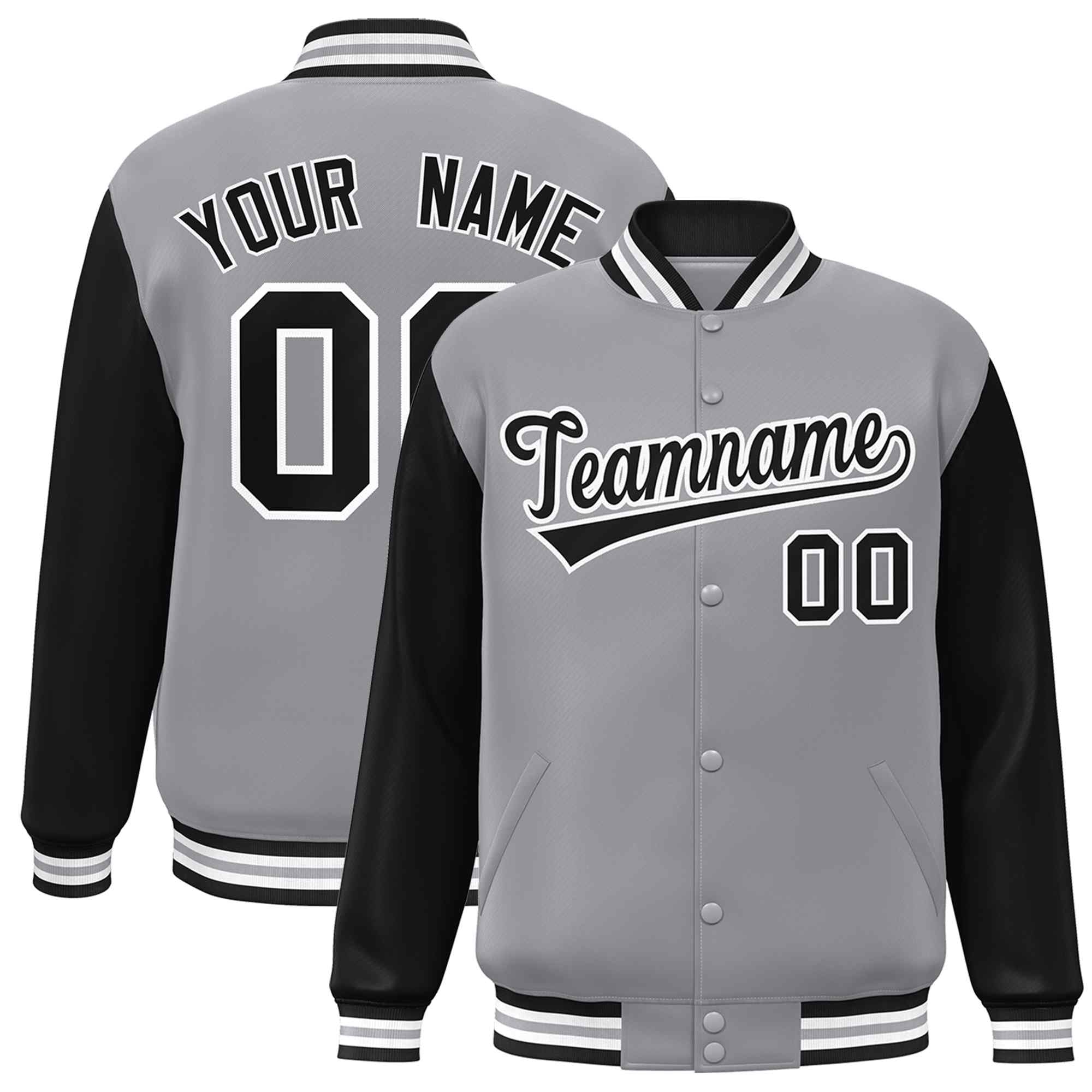 Veste Letterman Varsity Full-Snap à manches raglan gris noir-blanc personnalisée