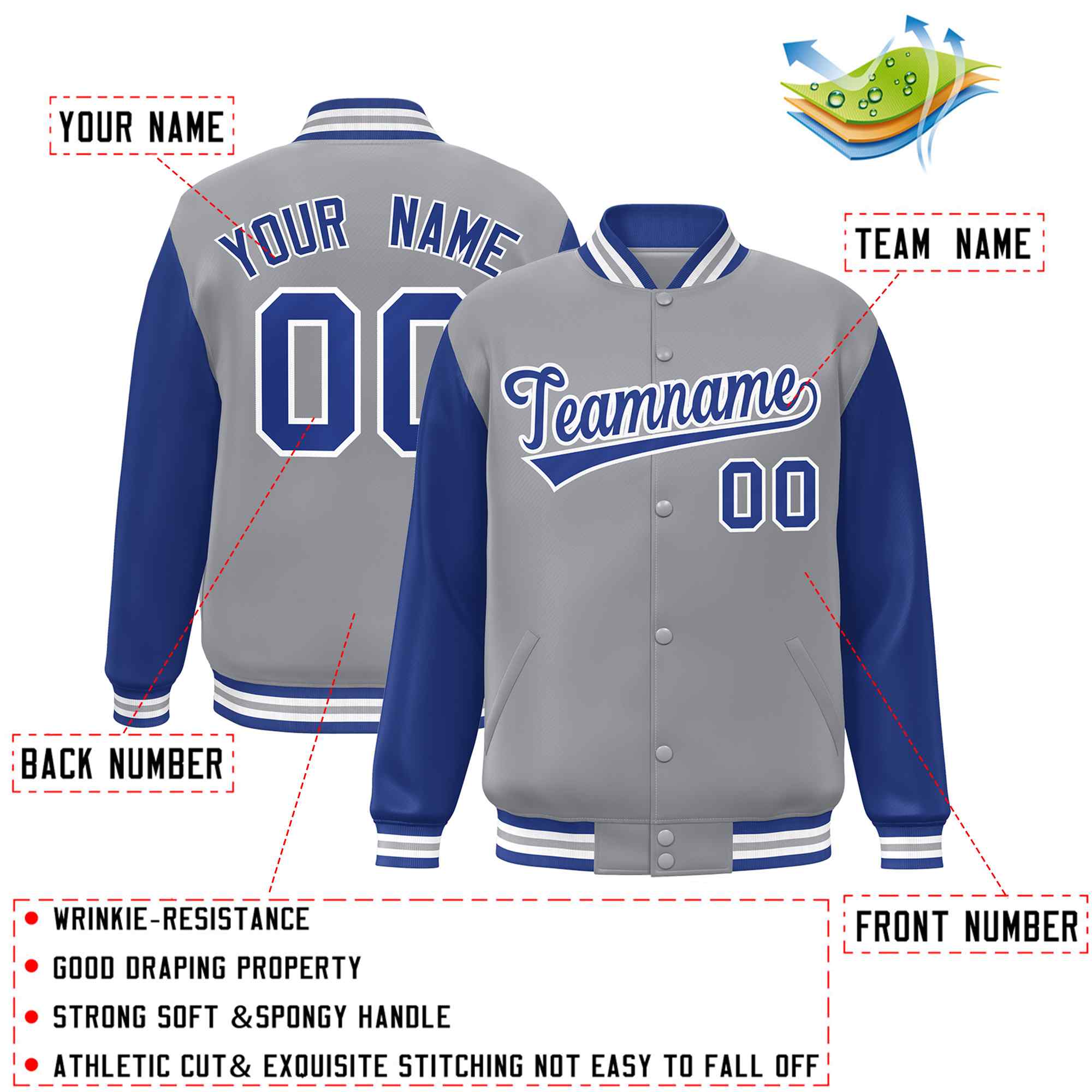 Veste Letterman Varsity Full-Snap à manches raglan gris royal-blanc personnalisée