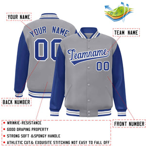 Veste Letterman Varsity Full-Snap à manches raglan gris royal-blanc personnalisée