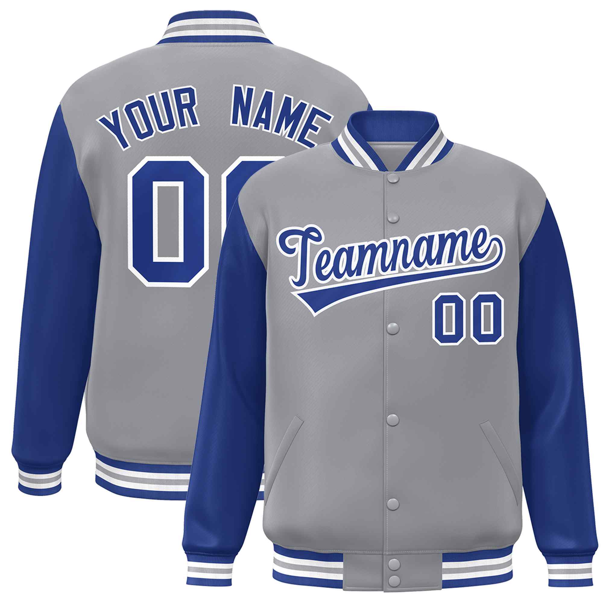 Veste Letterman Varsity Full-Snap à manches raglan gris royal-blanc personnalisée