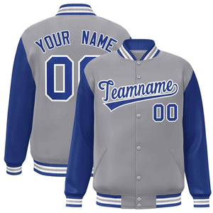 Veste Letterman Varsity Full-Snap à manches raglan gris royal-blanc personnalisée