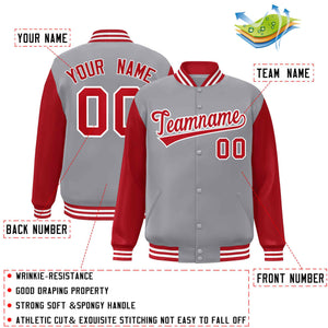 Veste Letterman Varsity Full-Snap à manches raglan personnalisées gris rouge-blanc