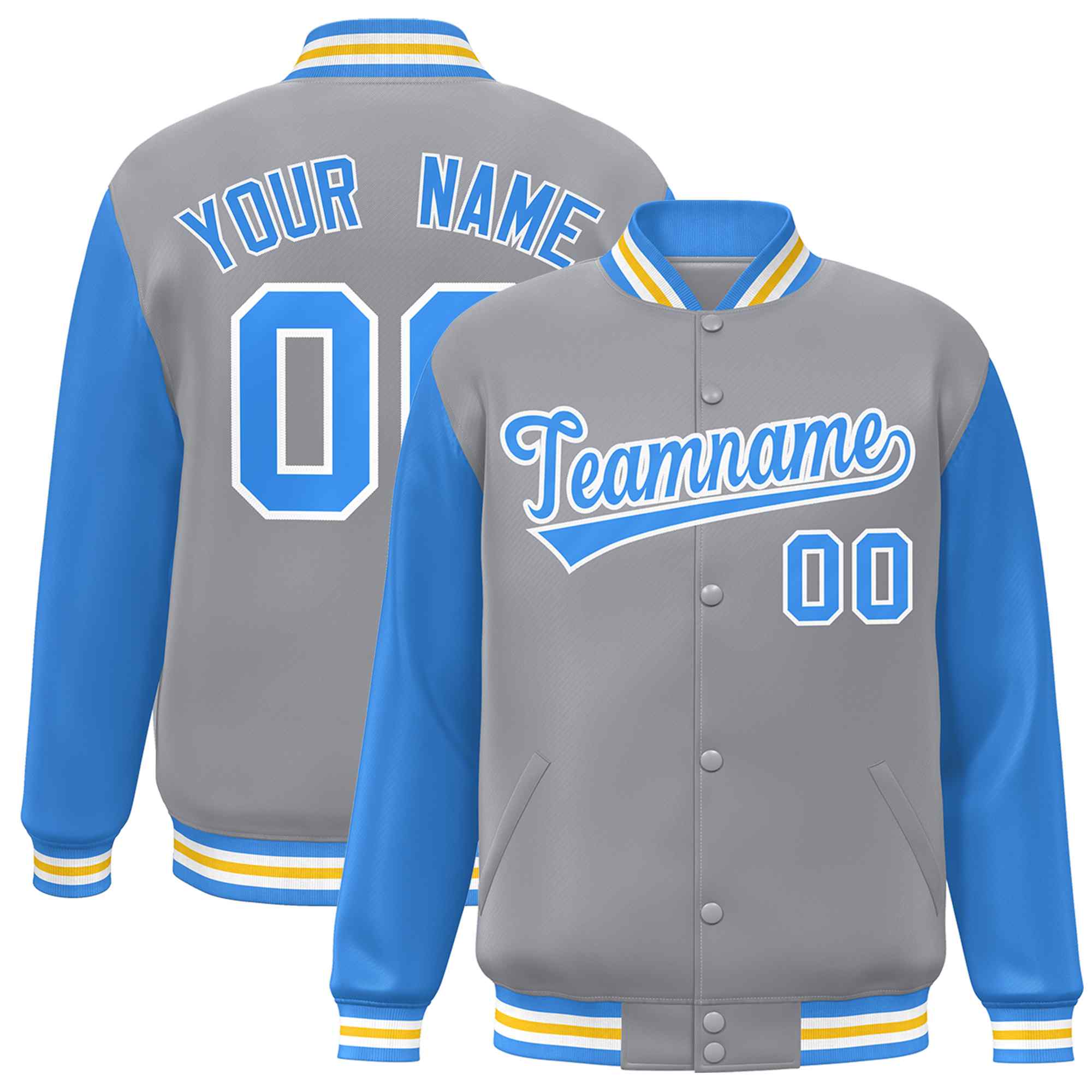 Custom Gray Powder Blue-White Raglan Sleeves Varsity Full-Snap Letterman Jacket