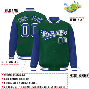 Veste Letterman Varsity Full-Snap à manches raglan vert royal-blanc personnalisée