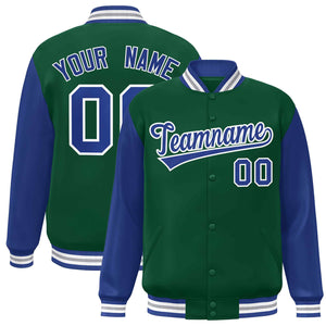 Veste Letterman Varsity Full-Snap à manches raglan vert royal-blanc personnalisée