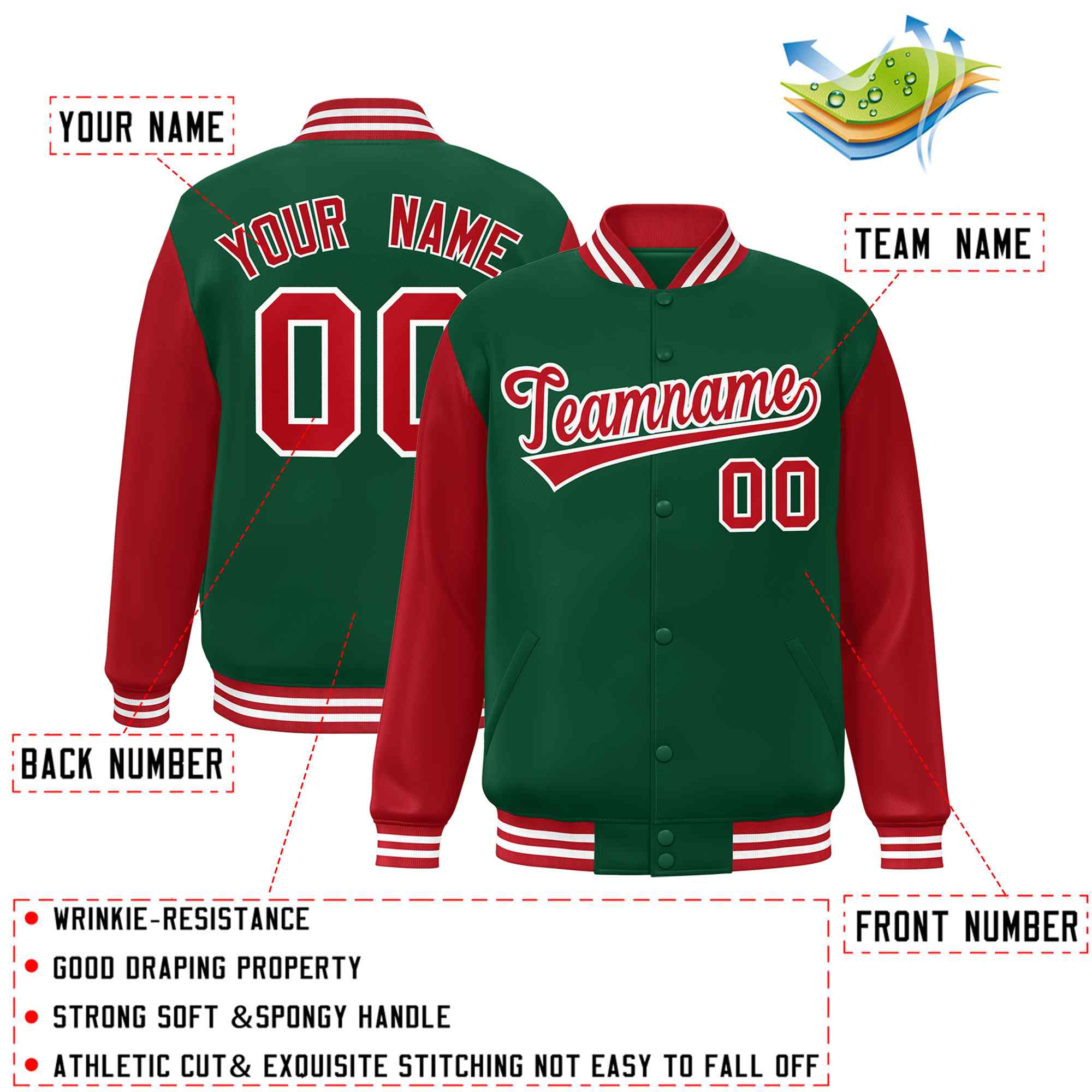 Veste Letterman Varsity Full-Snap à manches raglan personnalisées vert rouge-blanc